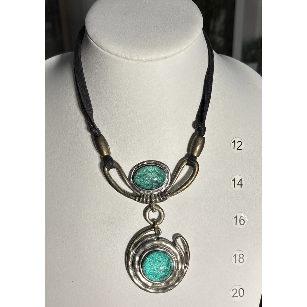 Turquoise Dichroic Glass Pendant Necklace Mixed Metal Black Cord Modernist